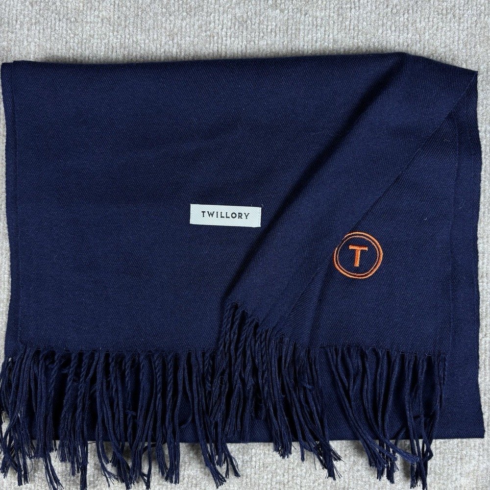 Twillory Navy Scarf Fringe Orange Logo Soft Winter Dress Casual‎ Unisex 86x14